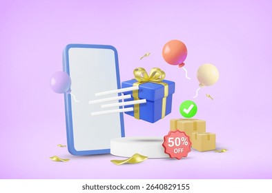 3D vector render of gift box, jumping from screen, mobile phone on round stand, 50% OFF sign, parcel box with check mark, balloons, ribbon, special discount concept, delivery, surprise, online store.