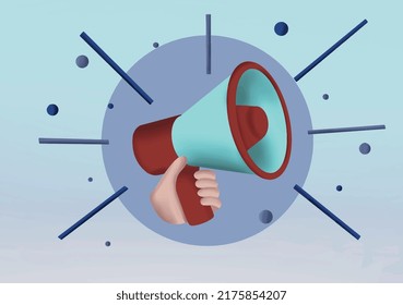 3D vector render hand holding megaphone speaker or loudspeaker bullhorn equipment. Illustration for announcement by influencers on isolated background