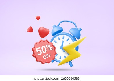 3D Vector Render Illustration of Alarm Clock with Lightning Icon with 50% OFF Sign and Heart. Flash Sale Promotion Concept. Urgency, Limited Time, Instant Shopping Feel.