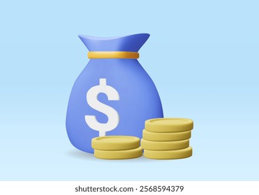 3D vector render illustration of a blue money bag icon with a white dollar sign on the bag. and gold coins lined up on the side Represents wealth, savings or investment isolated on white background.