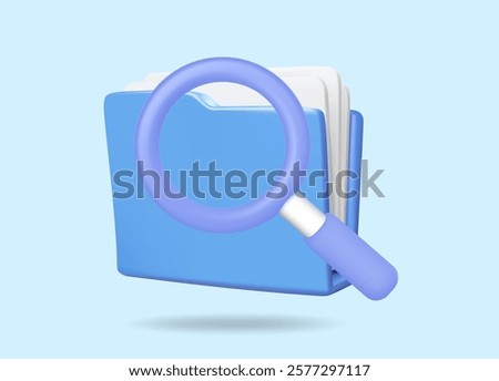 3D vector render illustration of blue document file icon and magnifying glass file search concept Data storage or document management system for business, computer technology, digital data