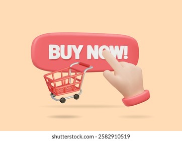 3D vector render illustration of BUY button sign icon. NOW! Red is ready. Hand pressing the button conveying click to buy products with floating shopping cart Indicates adding products to the cart.