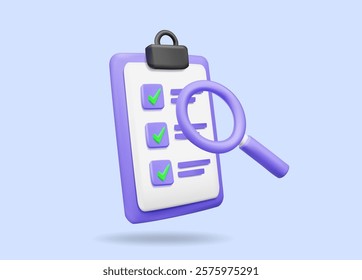 3D vector render illustration of checklist clipboard icon with check mark and magnifying glass for the concept of inspection, evaluation, or planning for business, administration, and data