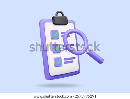 3D vector render illustration of checklist clipboard icon with check mark and magnifying glass for the concept of inspection, evaluation, or planning for business, administration, and data