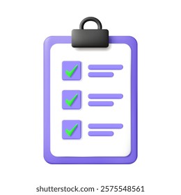 3D vector render illustration of a clipboard icon with a minimalist checklist. with a green check mark It refers to task management, planning, and tracking success. isolated on white background