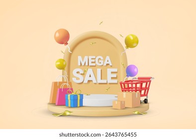 3D Vector Render Illustration of Display Stand with Big MEGA SALE Sign, Shopping Bags, Gift Box, Parcel Box, Shopping Cart, Balloons Around, Ribbons, Special Discount Campaign, Promotion