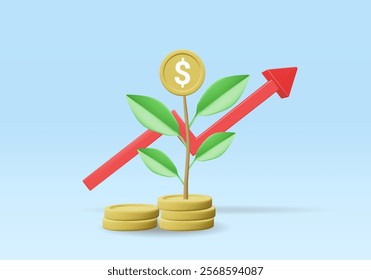 3D vector render illustration of financial growth concept icon. There was a tree growing from a pile of gold coins. Dollar sign at the top of the tree Added with a red arrow pointing up.