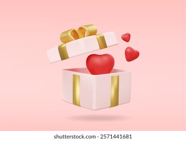 3D vector render illustration of a gift box icon with a red heart inside and floating out. It represents giving love, happiness, and giving on special occasions. celebration of important days