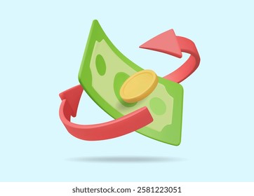 3D vector render illustration of a green banknote icon with a gold coin surrounded by a curved red arrow. currency movement concept financial circulation business finance exchange rate digital payment