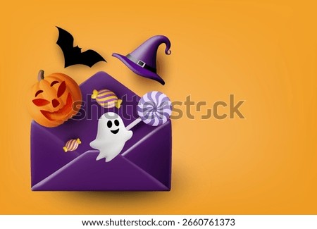 3D vector render illustration of Halloween banner with purple envelope and little ghost, colorful candies, pumpkin, witch hat and bat with copy space.