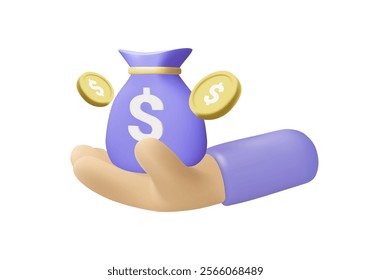 3D vector render illustration of a hand holding a purple money bag icon. With gold coins with dollar signs floating around representing the concepts of finance, savings and wealth isolated on a white