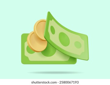 3D vector render illustration of a minimalist green banknote and gold coin icon floating on a light background. Finance ideas for finance apps,online transactions, savings,investing,wealth,business