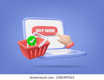 3D vector render illustration of online shopping concept with hand clicking the buy now button. check mark basket digital purchasing laptop for e-commerce Retail business online payment digital market