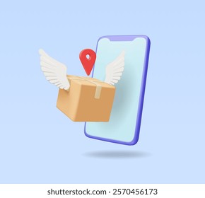 3D vector render illustration of a parcel box icon with white wings and a red location pin floating on a smartphone screen. The concept of fast parcel delivery through a mobile application