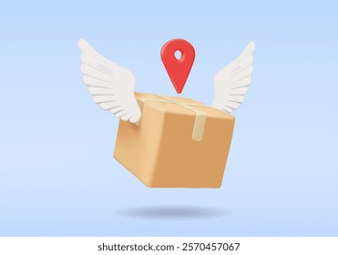 3D vector render illustration of a parcel box icon with white wings and a red location pin symbol on top. It conveys the concept of fast and accurate delivery of parcels to the specified location.