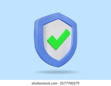 3D vector render illustration of a protective shield symbol icon with a green check mark in the center. Conveys security and certification for software, viruses, cyber, and digital certification.