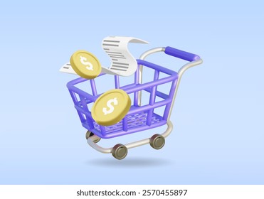 3D vector render illustration of purple shopping cart icon With money coins, dollar signs and receipts which shows spending, payments, purchasing products or financial management on a blue background