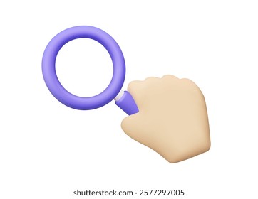 3D vector render illustration of purple magnifying glass icon with hand holding it It represents search, investigation or research. Survey isolated on white background.