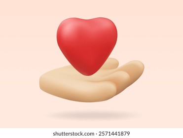 3D vector render illustration of a red heart icon floating over a hand. It means giving love, care and help. Suitable for use in donation-related content. community support, kindness, or care