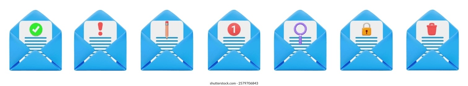 3D vector render illustration of a set of open blue email mail icons with paper inside. Symbols representing the statuses Verified,Notified,Need Edit,New,Searchable,Locked,and Deleted,isolated on whai