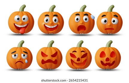 3D Vector Render Illustration set icon of 8 Pumpkins Showing Emotions: Happy, Funny, Scared, Confused, Sad, Angry and Halloween Ghost Face Carvings with Realistic Shadows Isolated on White Background.