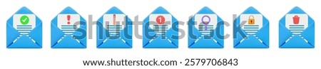 3D vector render illustration of a set of open blue email mail icons with paper inside. Symbols representing the statuses Verified,Notified,Need Edit,New,Searchable,Locked,and Deleted,isolated on whai