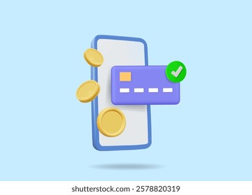 3D vector render illustration of smartphone, credit card and gold coin icons. With a check mark indicating a successful transaction. E-wallet concept, online payment, cashless technology.