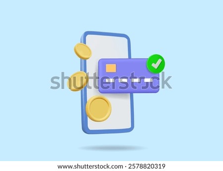 3D vector render illustration of smartphone, credit card and gold coin icons. With a check mark indicating a successful transaction. E-wallet concept, online payment, cashless technology.