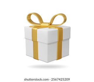 3D vector render illustration of a white gift box icon with a gold ribbon. For themes about gifts, happiness, valentines day, birthdays, special occasions, festivals, decorations, isolated on a white