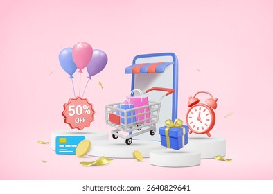 3D vector render of mobile online store display shelf with alarm clock, gift box, cart, shopping bag, 50% off sign, balloons, credit card, gold coin, special discount festival, flash sale, privilege