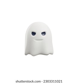 3d vector render objects of spooky white ghost with black eyes. Realistic illustrations, icons design in plastic cartoon style for Halloween decoration, party isolated on white background