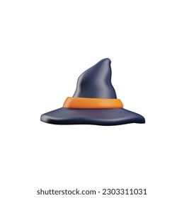 3d vector render objects of witch hat, black cap with orange belt. Realistic illustrations, icons design in plastic cartoon style for Halloween decoration, party isolated on white background