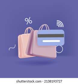 3d vector render online shopping bag for product add to card on website.