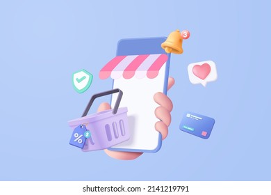 3d vector render online shopping bag using tags promotion or cash for future use. shopping online pass smartphone in hand holding. 3d vector shop purchase basket retail store on e-commerce - Shutterstock ID 2141219791