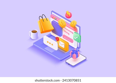 3d vector render online shopping bag for product add to card on web browser. 3d online shopping icon on background with commercial market. 3d icon vector and shop purchase basket store on e-commerce