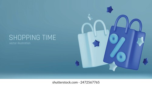 3d vector render online shopping bag using tags promotion or cash for future use. 3d vector shop purchase basket retail store on e-commerce