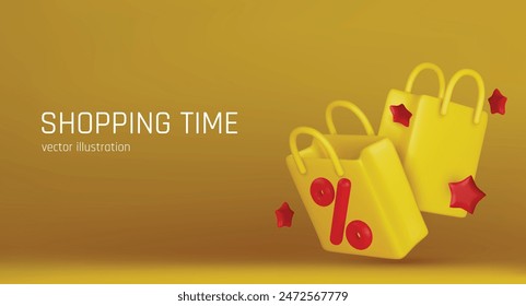 Vector 3d render bolso de compras en línea utilizando etiquetas de promoción o dinero en efectivo para uso futuro. tienda de Vector 3d compra cesta tienda minorista en comercio electrónico