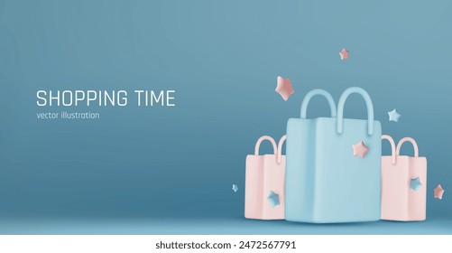 3d vector render online shopping bag using tags promotion or cash for future use. 3d vector shop purchase basket retail store on e-commerce