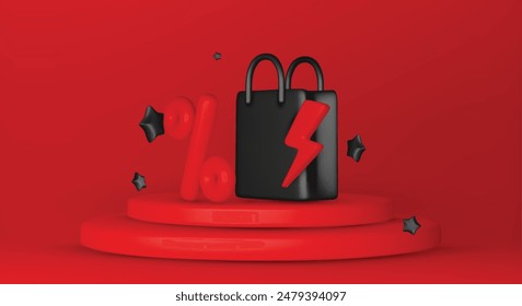 3d vector render online shopping bag using tags promotion or cash for future use. 3d vector shop purchase basket retail store on e-commerce