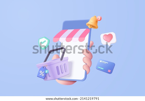 3d\
vector render online shopping bag using tags promotion or cash for\
future use. shopping online pass smartphone in hand holding. 3d\
vector shop purchase basket retail store on\
e-commerce