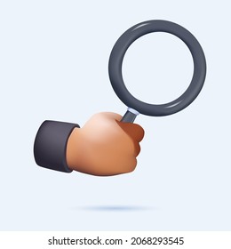 3d vector render. Search icon. Cartoon character hand holds big magnifying glass lens. Business of science clip art isolated on white background. 3D icon free to edit. Business analytics Data Analysis