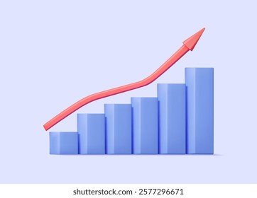 3D vector rendered illustration of a blue bar graph icon with a red arrow rising to indicate growth, success or progress. Concepts related to business growth Project progress