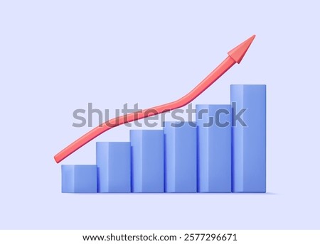 3D vector rendered illustration of a blue bar graph icon with a red arrow rising to indicate growth, success or progress. Concepts related to business growth Project progress