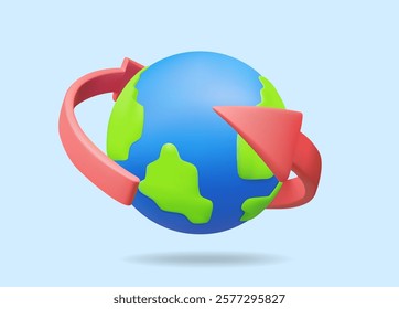 3D vector rendered illustration of a globe icon with a red arrow bar surrounding it. Concept of data movement or connectivity. Circulation, and exchange of information international resources
