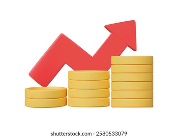 3D vector rendered illustration of a pile of gold coins rising up and a minimalist red arrow symbolizing profit, increased income.  economic trends financial growth investment business