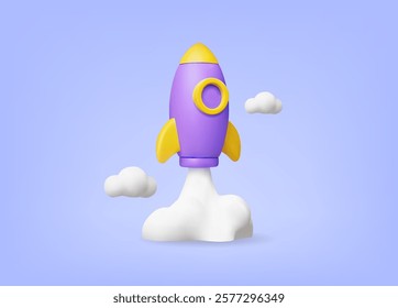 3D vector rendered illustration of purple and yellow rocket icon with clouds floating around. Positive concept of startup, growth or development. For development, business, education, inspiration