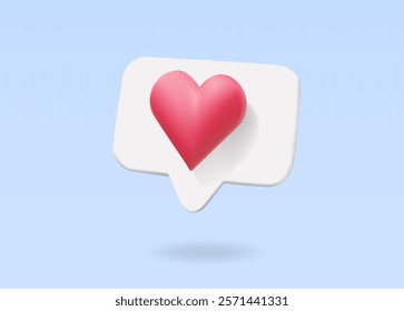 3D vector rendered illustration of a red heart icon floating on a message bubble for love, liking, online expressions, likes, comments on social media. Communicate positively through text.