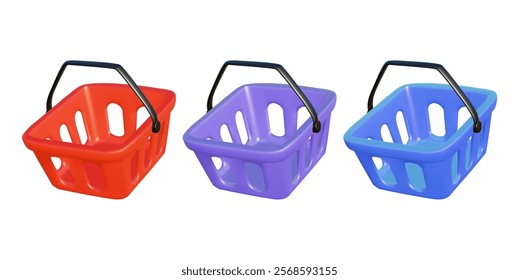 3D vector rendered illustration of a set of three shopping cart icons in red, purple and blue tones. Shopping, shopping or retail symbols isolated on a white background.