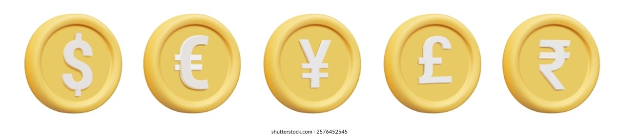 3D vector rendered illustrations of major currency symbol icons dollar, euro, yen, pound and rupee. Currency exchange concept. International finance, business or investment isolated on white backgroun