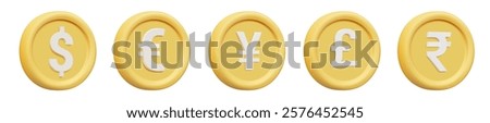 3D vector rendered illustrations of major currency symbol icons dollar, euro, yen, pound and rupee. Currency exchange concept. International finance, business or investment isolated on white backgroun